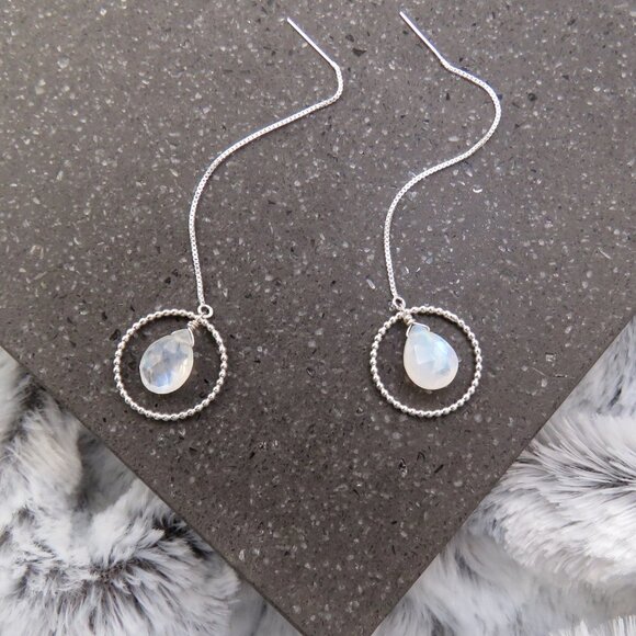 Rainbow Moonstone Threader Earrings in 925 Sterling Silver - Picture 3 of 5